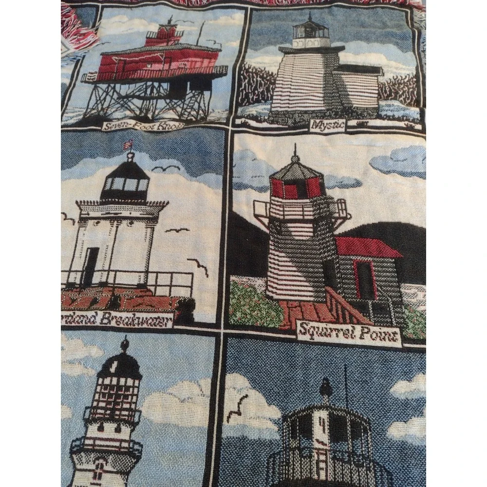 Goodwin Weavers Hutz Tapestry Lighthouse Throw Blanket Cotton 44x60 Made USA
